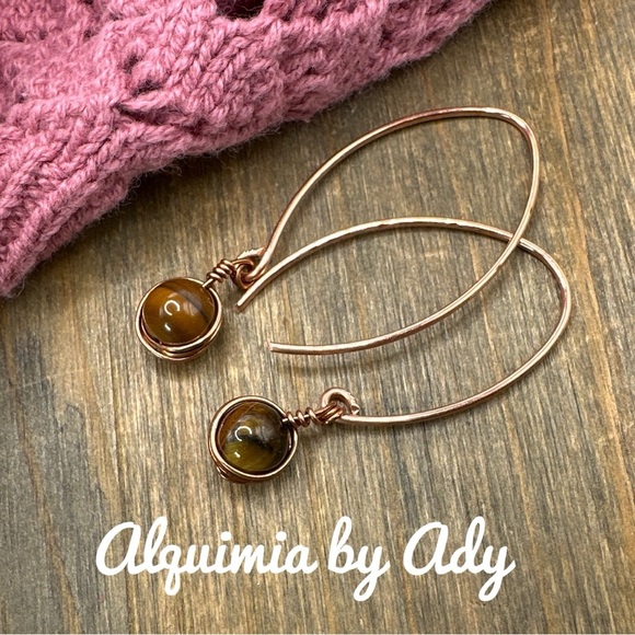 Tiger’s eye drops dangle earrings/copper rustic earrings extra long - Picture 1 of 4